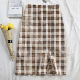 Slit-front Plaid Midi A-line Skirt