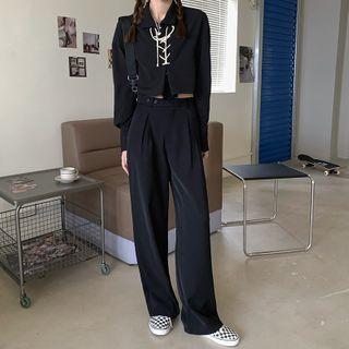 Long-sleeve Lace Up Shirt / Wide-leg Dress Pants