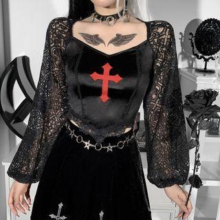 Long-sleeve Cross Embroidered Lace Crop Top
