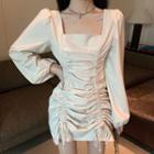 Long-sleeve Drawstring Square-neck Mini Sheath Dress