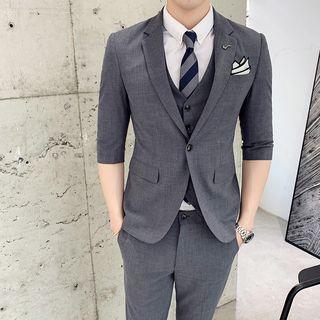 Suit Set: Elbow-sleeve Button Blazer + Vest + Slim-fit Dress Pants