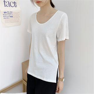 Slit-side Plain Round-neck Short-sleeve Tee