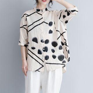 Elbow-sleeve Stand Collar Dotted Shirt Almond - One Size