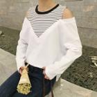 Striped Panel Cut Out Shoulder Long Sleeve T-shirt