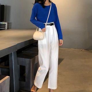 Plain Long-sleeve T-shirt / Crop Straight Fit Pants