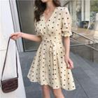 Dotted V-neck Puff-sleeve Dress