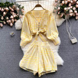 Set Of 2 : V-neck Bow Plaid Top + High-waist Wide-leg Shorts