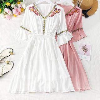 Embroidered V-neck Chiffon Dress