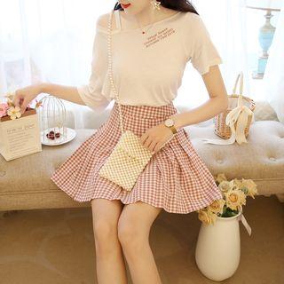 Set: Short-sleeve Cold Shoulder Letter T-shirt + Checker Pleated Skirt