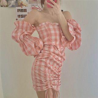 Off-shoulder Drawstring Plaid Mini Dress