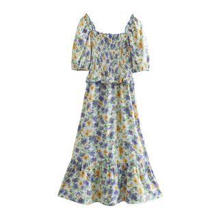 Short-sleeve Floral Midi Smock Dress