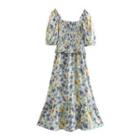 Short-sleeve Floral Midi Smock Dress