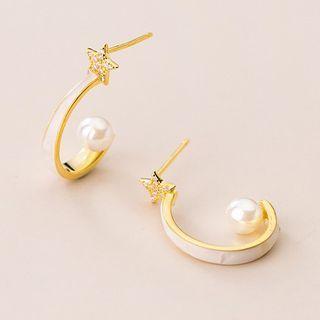 Star Rhinestone Faux Pearl Open Hoop Earring