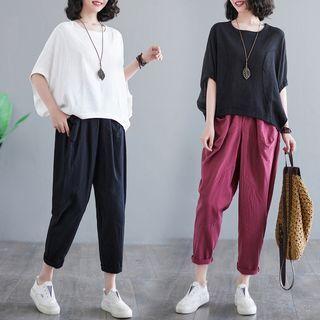 Short-sleeve Plain Blouse / Cropped Harem Pants