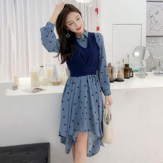 Set: Long-sleeve Dotted Asymmetrical Shirt Dress + V-neck Vest