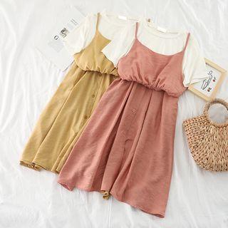 Mock Two-piece Buttoned Short-sleeve A-line Dress