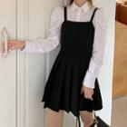 Puff-sleeve Blouse / Spaghetti Strap Pleated Mini A-line Dress