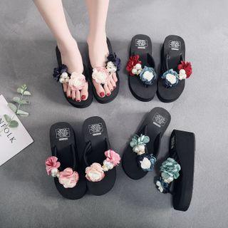 Flower Applique Wedge-heel Platform Slippers