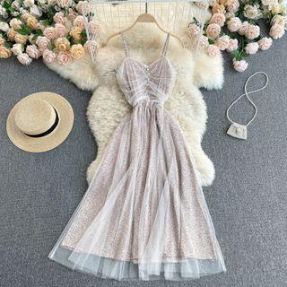 Mesh Ruched Floral Spaghetti-strap Dress