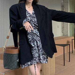 Long-sleeve Tie-dye Drawstring Mini Dress / Plain Blazer