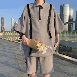 Set: Elbow-sleeve Zip Polo Shirt + Shorts