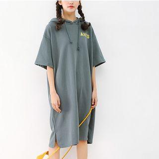 Elbow-sleeve Lettering Hooded T-shirt Dress