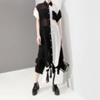 Color Block Short-sleeve Midi Shirt Dress Black - One Size