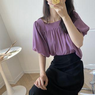 Plain Puff-sleeve Square-neck Blouse