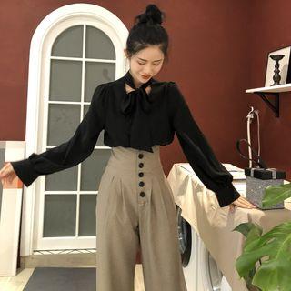 Long-sleeve Tie Neck Plain Blouse / High-waist Plain Pants