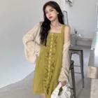 Sleeveless Ruffled Mini Sheath Dress / Open-front Cardigan