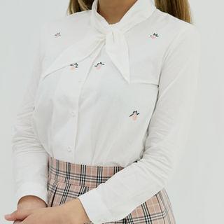 Bow-neck Rose Embroidered Blouse