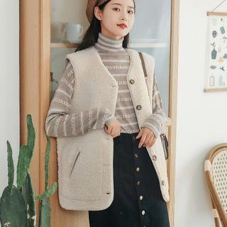 Faux Shearling Buttoned Vest / Mock-turtleneck Lettering Knit Top