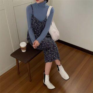 Mock-turtleneck Knit Top / Floral Print Midi A-line Pinafore Dress