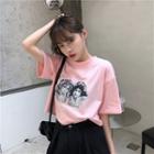 Angel Print Short-sleeve Cropped T-shirt As Shown In Figure - One Size