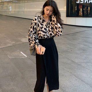 Set: Long Sleeve Leopard Shirt + Slit Midi Pencil Skirt