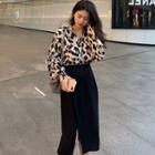 Set: Long Sleeve Leopard Shirt + Slit Midi Pencil Skirt