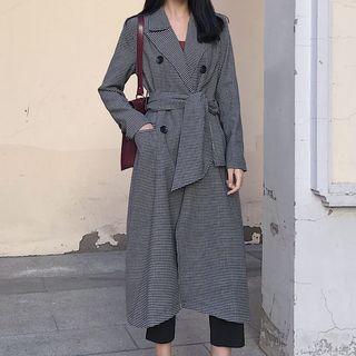 Plaid Open-front Tie-waist Long Jacket
