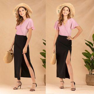 Short-sleeve Paneled Slit Midi Sheath Dress