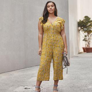 Plus Size Flower Print Sleeveless Cropped Jumpsuit