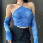 Long-sleeve Cold Shoulder Tie-dye Print Crop Top