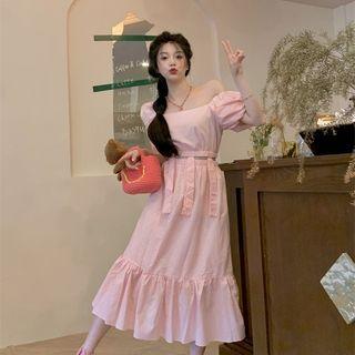 Puff-sleeve Square-neck Cutout Dotted Midi A-line Dress Dots - Pink - One Size