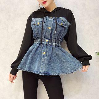 Gathered Waist Denim Panel Hoodie