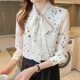 Long-sleeve Ribbon Neckline Star Print Chiffon Shirt
