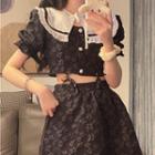 Puff-sleeve Flower Print Cropped Blouse / Mini A-line Skirt