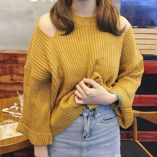 3/4-sleeve Shoulder Cut Out Sweater