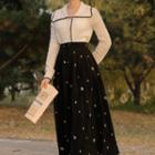 Set: Collared Knit Top + Floral Corduroy Midi A-line Skirt