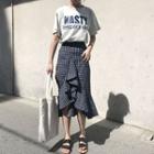 Short-sleeve Lettering T-shirt / Plaid Midi Skirt