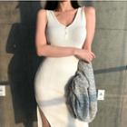 Sleeveless Button-front Slit-hem Maxi Dress