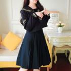 Set: Long-sleeve Sailor Collar Blouse + Midi A-line Skirt