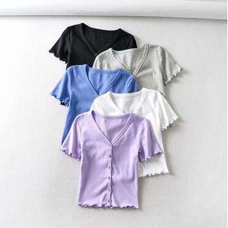 Short-sleeve V-neck Button-up Cropped T-shirt